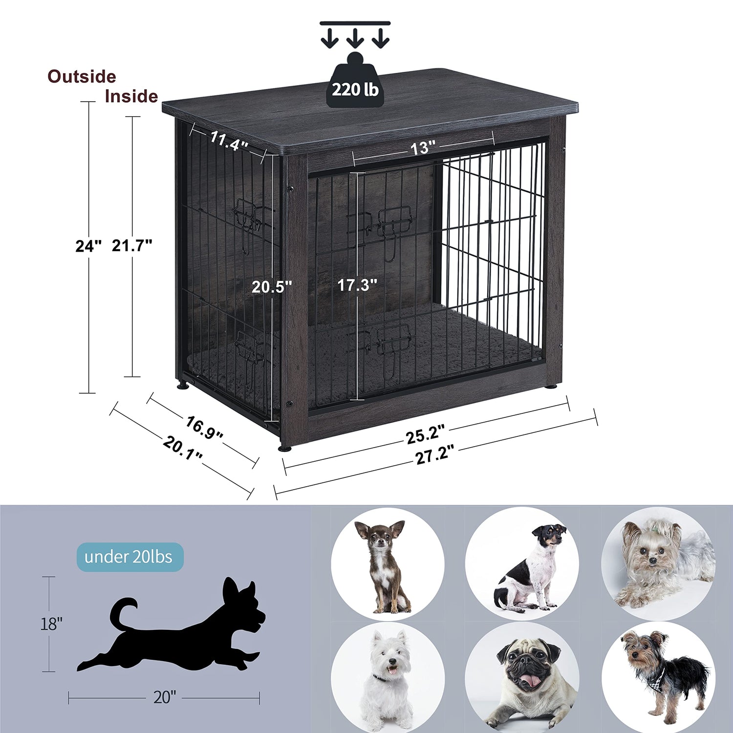 DWANTON Dog Crate Furniture with Cushion, Wooden Crate with Double Doors, Dog Kennel Indoor for Small/Medium/Large Dog, End Table, Small, 27.2" L, Dwanton