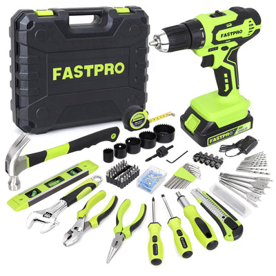 FASTPRO 177-Piece 20V Cordless Lithium-ion Drill Driver and Home Tool Set, Household Repairing Kit with in Storage Case, Green