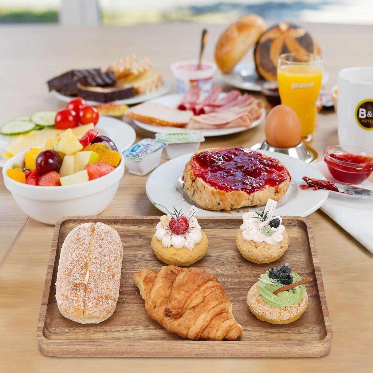 2 PCS Solid Acacia Wood Serving Trays Rectangular Wooden Serving Platters Natural Wooden Boards for Bar Coffee Party 13 * 9 inch （Wood Log Color） Charmlife