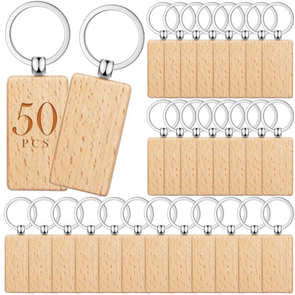 50 Pieces Wooden Keychain Blanks Laser Engraving Blanks Wood Blanks Key Chain Bulk Unfinished Wooden Key Ring Key Tag for DIY Gift Crafts (Rectangle)