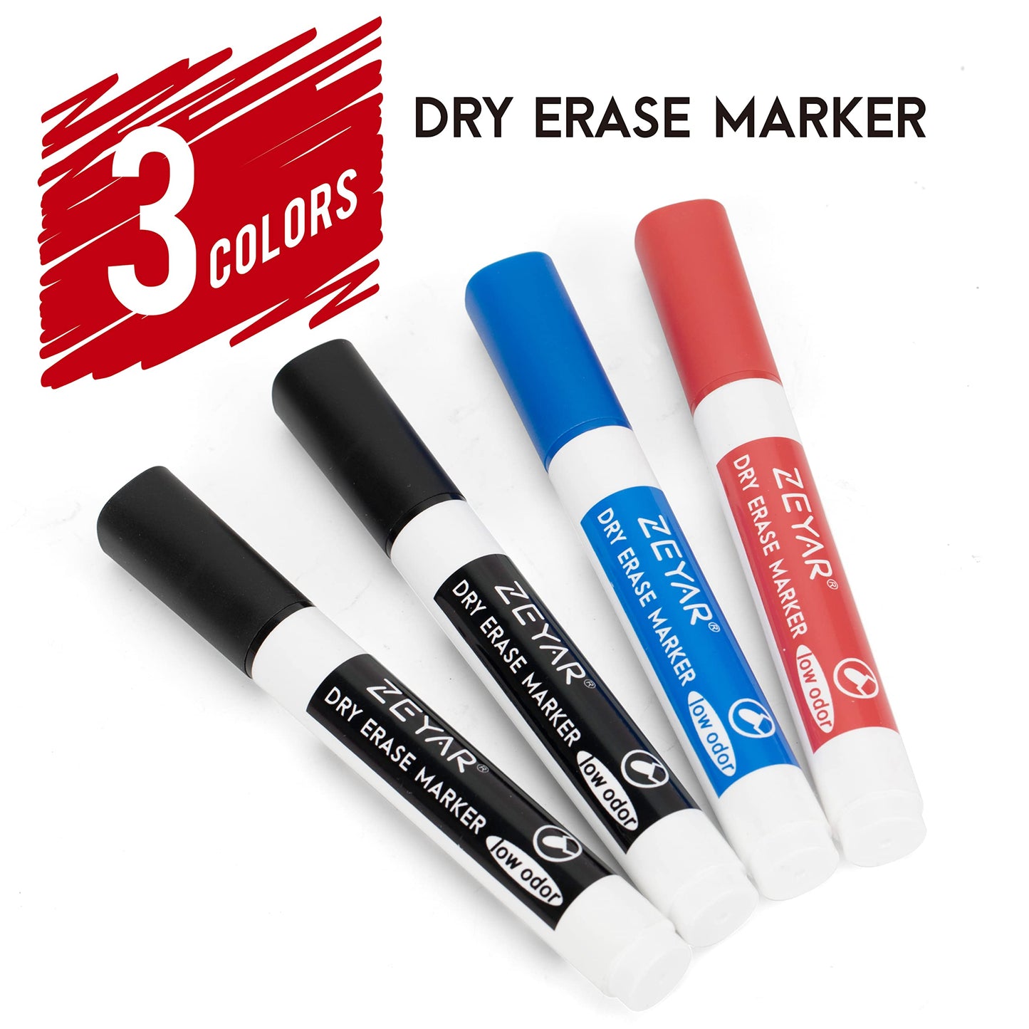 ZEYAR Low Odor Dry Erase Marker, Bullet Tip White Board Marker, 4 Count (2 Black,Blue,Red) - WoodArtSupply