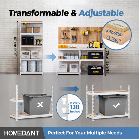 HOMEDANT 5 Tier Laminated White Metal Shelving Unit Adjustable Garage Storage Utility Rack Heavy Duty Shelves Organization Multipurpose Shelf HOMEDANT