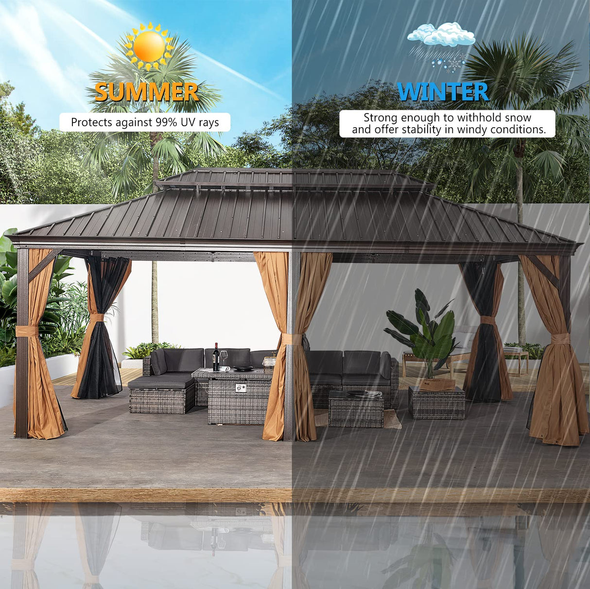 oneinmil 12x20FT Outdoor Gazebo, Heavy Duty Metal Double Roof Hardtop Gazebo with Aluminum Frame and Netting and Curtains for Patios oneinmil