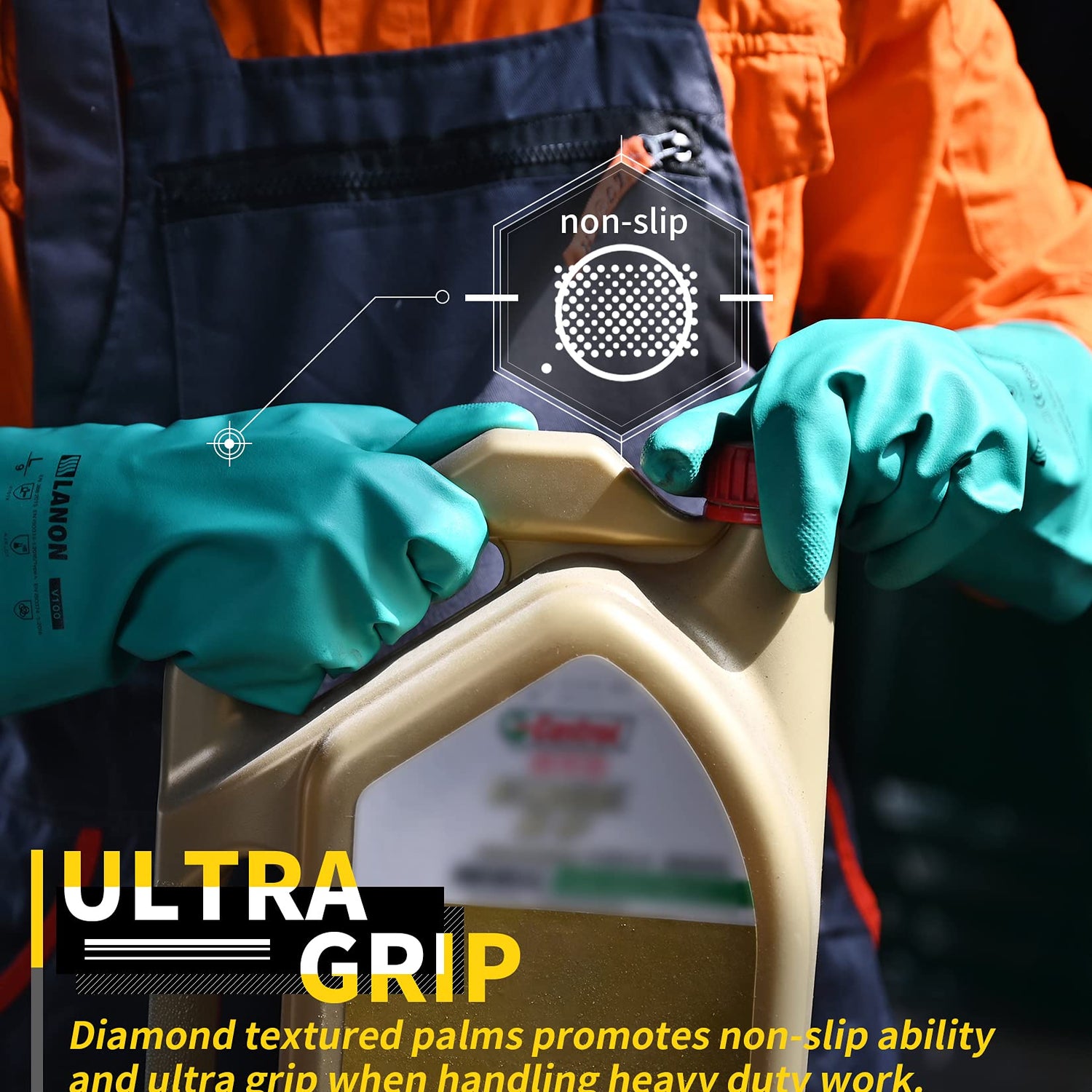 LANON 3 Pairs Nitrile Chemical Resistant Gloves, Reusable Heavy-Duty Rubber Gloves, Acid, Alkali & Oil Protection, Non-Slip, Large LANON Protection