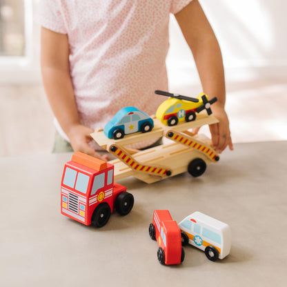 Melissa & Doug Wooden Emergency Vehicle Carrier Truck With 1 Truck and 4 Rescue Vehicles - WoodArtSupply