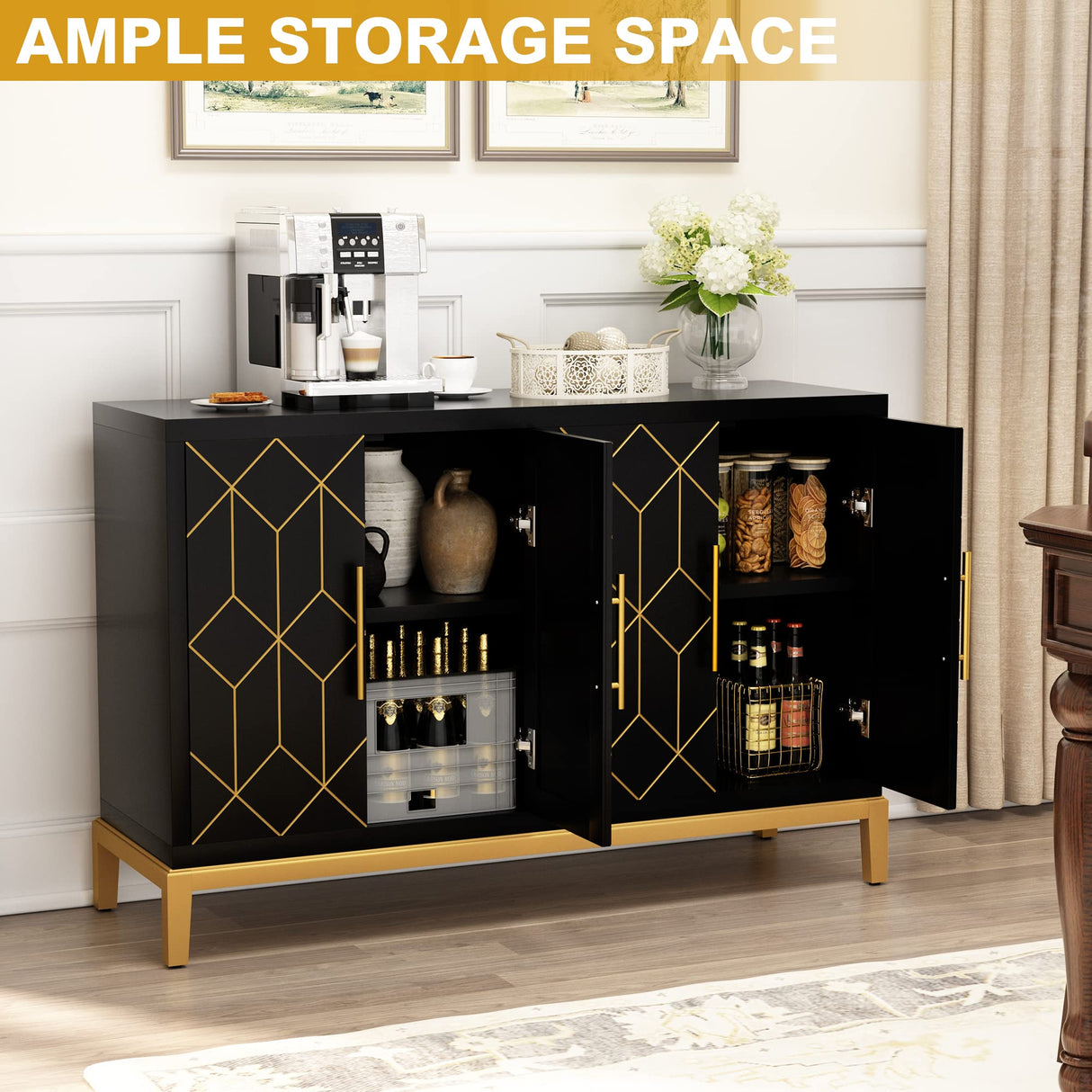 HLR Accent Cabinet with 4 Doors&Shelves, Sideboard Buffet Cabinet with Gold Trim, Modern Black Storage Cabinet for Living Room, Entryway, Kitchen, HLR
