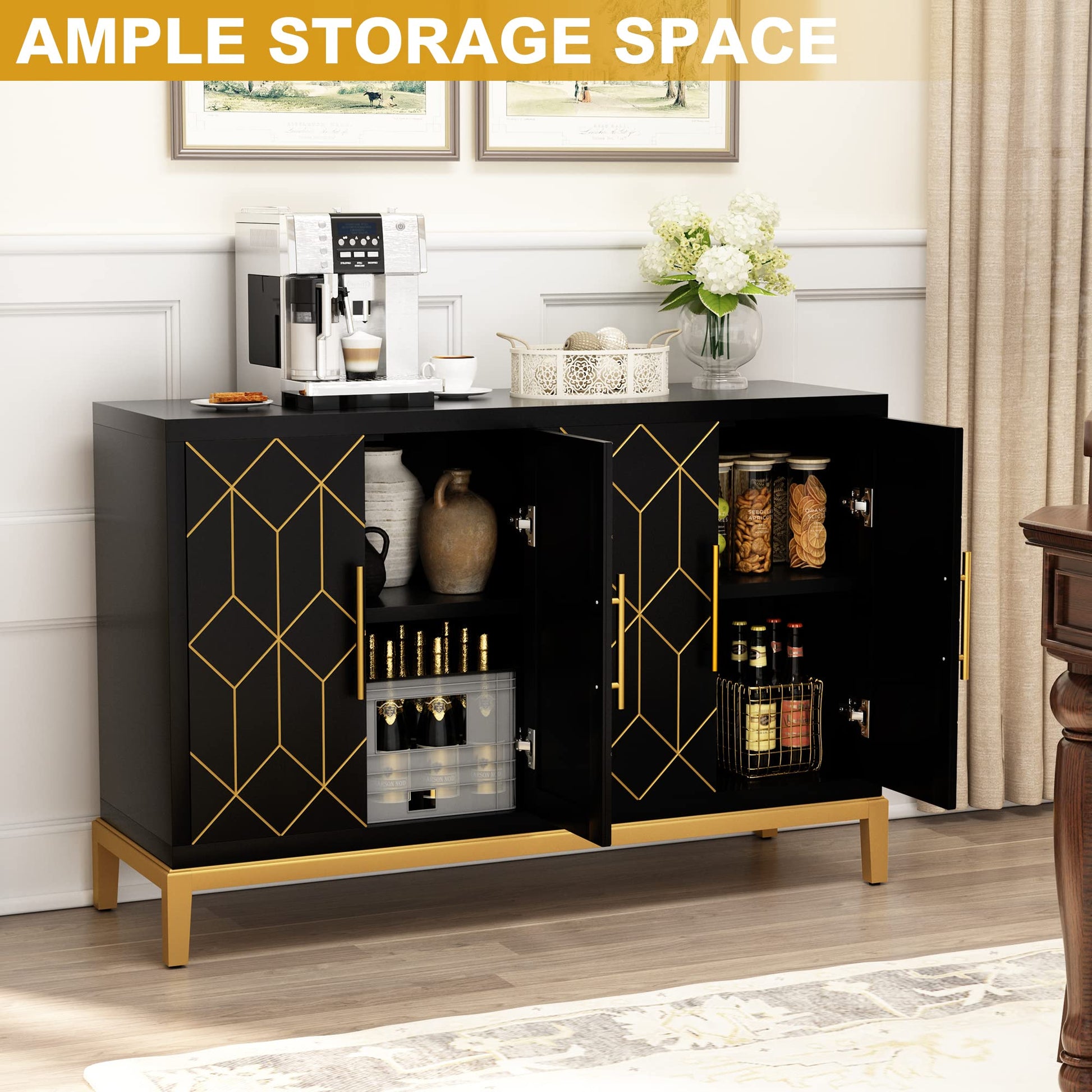 HLR Accent Cabinet with 4 Doors&Shelves, Sideboard Buffet Cabinet with Gold Trim, Modern Black Storage Cabinet for Living Room, Entryway, Kitchen, - WoodArtSupply