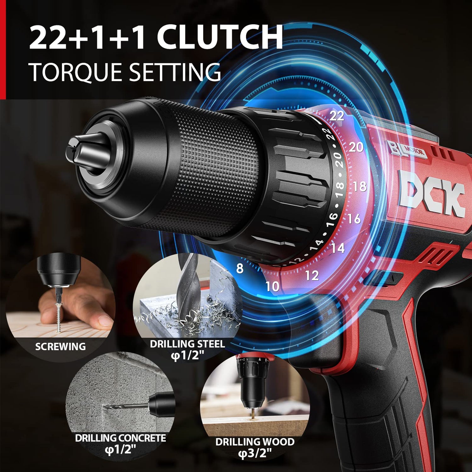 DCK Brushless Hammer Drill, 20V Max Hammer Drill Cordless, 531In-lb,36000 BPM,1/2" All-Metal Chuck, Variable Speeds, 22+1+1 Torque Setting, 4.0Ah DCK