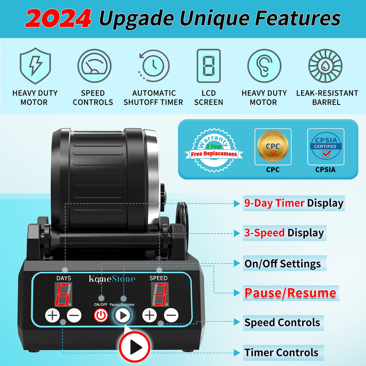 KomeStone K1 Pro Professional Cutting-Edge Brushless Motor Advanced Rock Tumbler Polisher Kit, Extra Large 2.5Lb Barrel with 3-Speed Motor 9-Day KomeStone