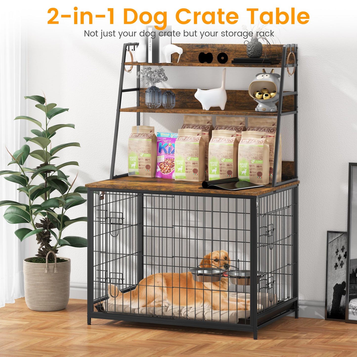 GAOMON Wooden Dog Crate Furniture with Storage Shelves,Dog Kennel Indoor with Removable Tray,Double Doors Modern Dog Crate, Dog House with Two - WoodArtSupply