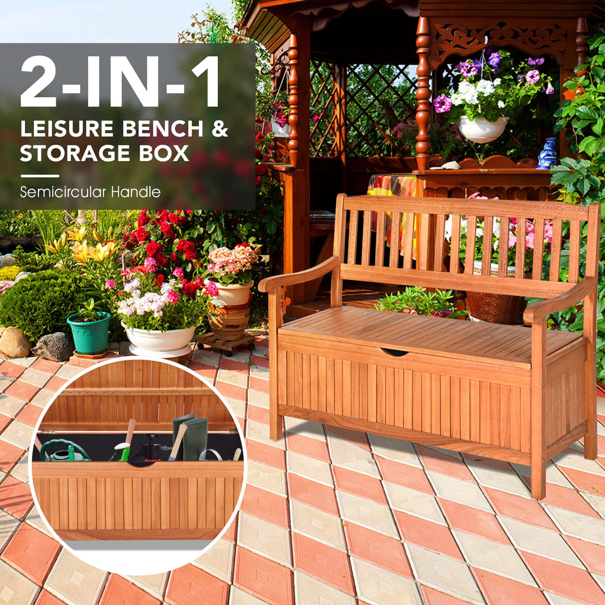 HAPPYGRILL Eucalyptus Wood Outdoor Storage Bench with Dustproof Liner - 33 Gal Capacity HAPPYGRILL