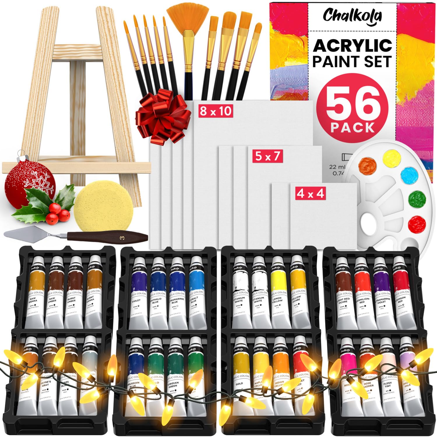 Chalkola Acrylic Paint Set for Adults & Kids - 56 Pcs Canvas Painting Kit with 32 Paints (22ml), 10 Brushes, 10 Canvases, Tabletop Easel, Palette, Chalkola