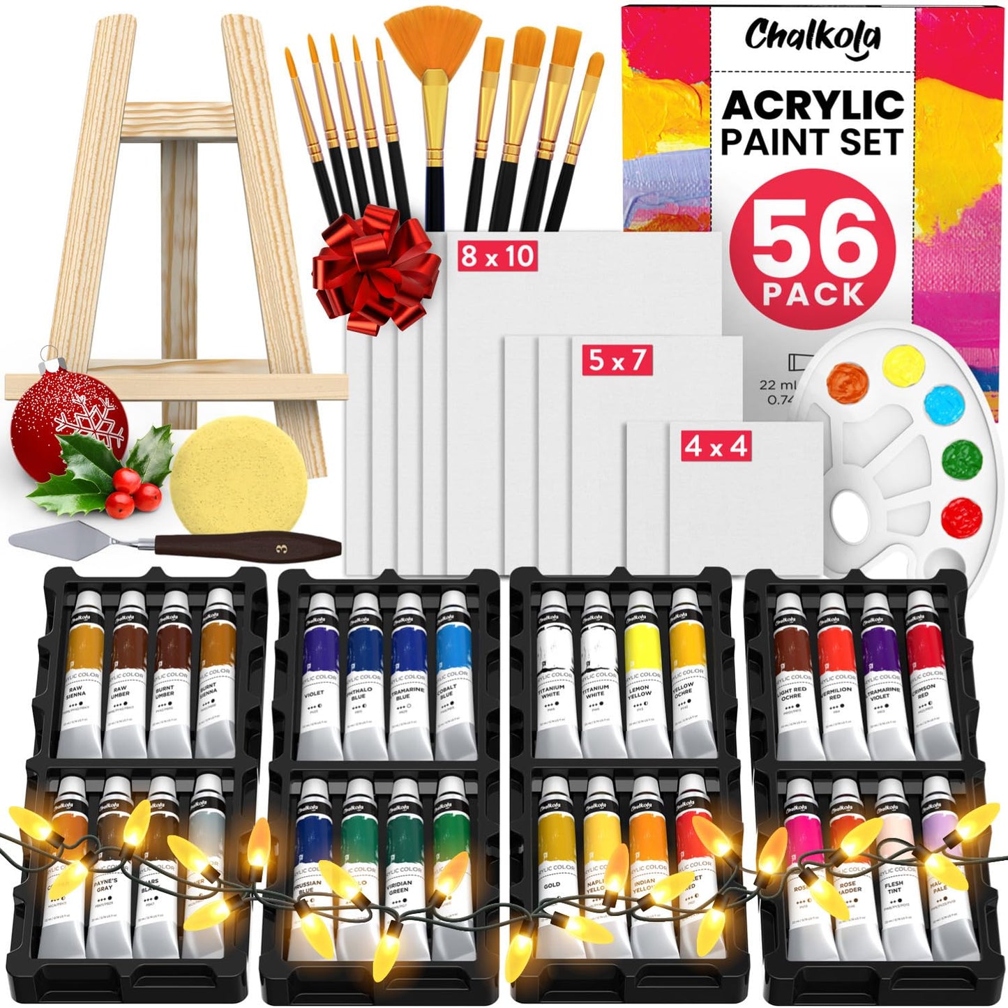 Chalkola Acrylic Paint Set for Adults & Kids - 56 Pcs Canvas Painting Kit with 32 Paints (22ml), 10 Brushes, 10 Canvases, Tabletop Easel, Palette,