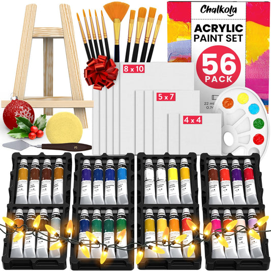 Chalkola Acrylic Paint Set for Adults & Kids - 56 Pcs Canvas Painting Kit with 32 Paints (22ml), 10 Brushes, 10 Canvases, Tabletop Easel, Palette,