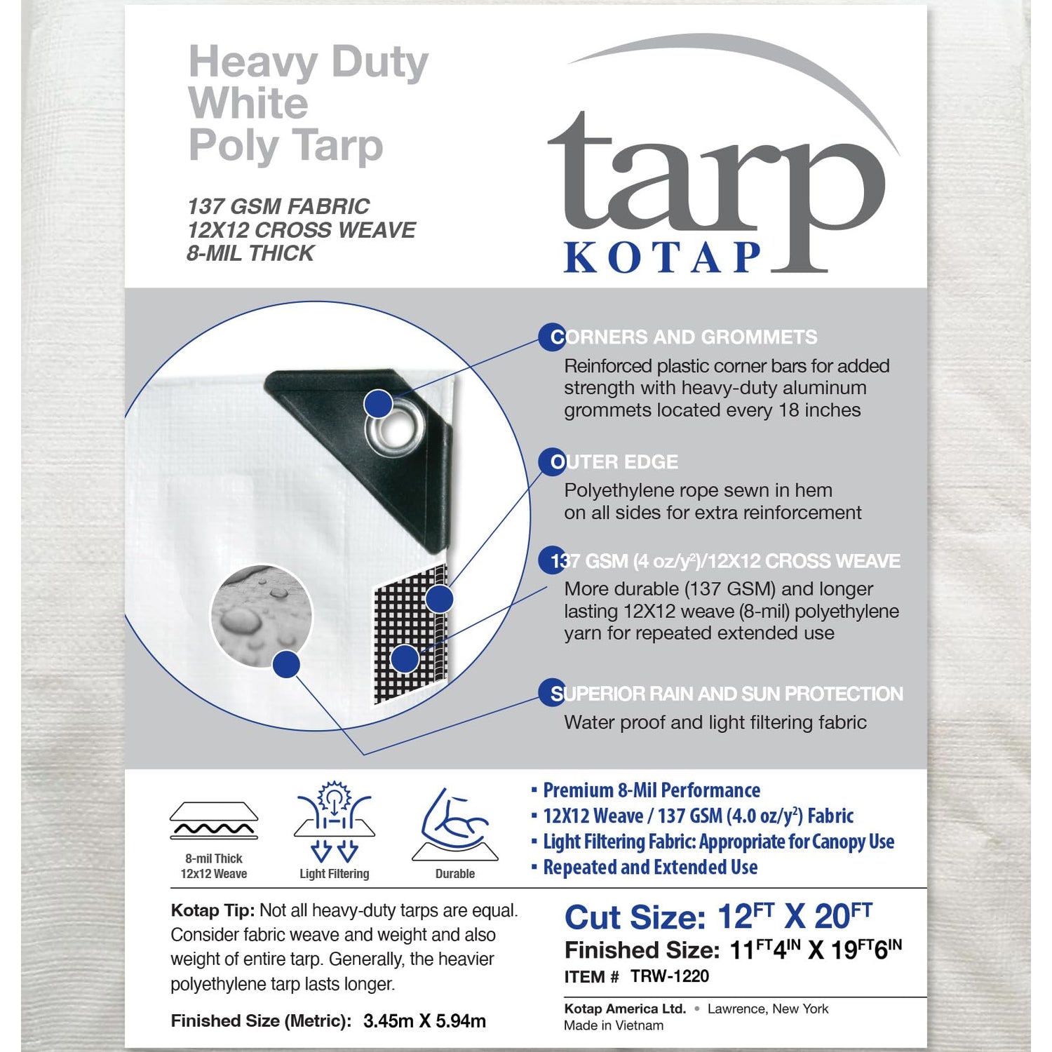 Kotap 12 x 20 Ft. Heavy-Duty Protection/Coverage Tarp, Superior Weave 8-mil, Multi-Use, Waterproof, White, (TRW-1220) Kotap