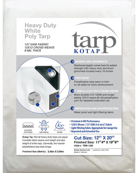 Kotap 12 x 20 Ft. Heavy-Duty Protection/Coverage Tarp, Superior Weave 8-mil, Multi-Use, Waterproof, White, (TRW-1220) Kotap