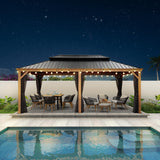 PURPLE LEAF 12' X 20' Outdoor Hardtop Gazebo for Patio Galvanized Steel Double Roof Permanent Canopy Teak Finish Coated Aluminum Frame Pavilion PURPLE LEAF