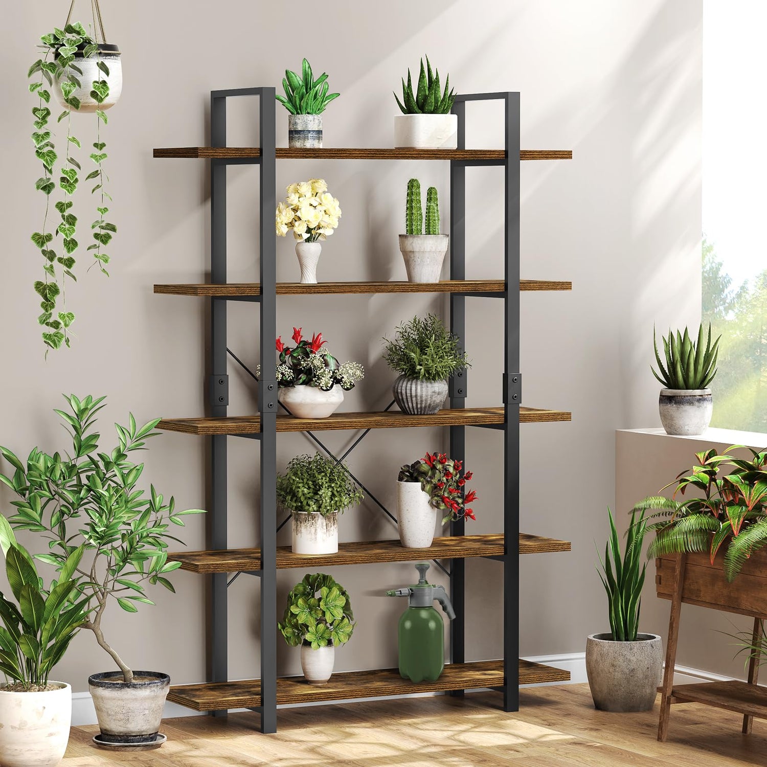 FRAPOW 70-Inch Rustic Brown 5-Tier Industrial Bookshelf with Metal Frame FRAPOW