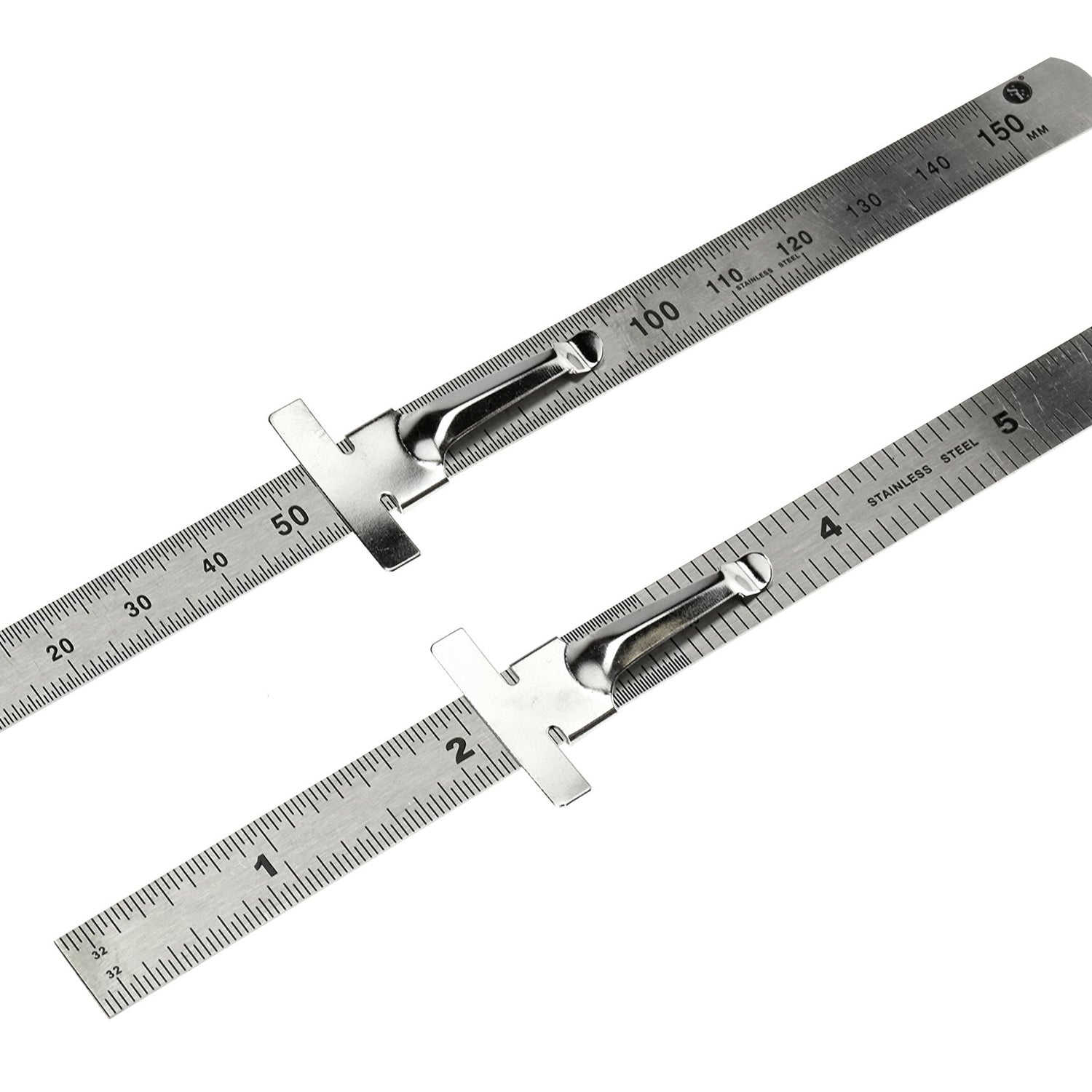 SE Stainless Steel SAE Metric Ruler Set - Stainless Steel Precision Ruler Measuring Tool - Detachable Clips - Set of 2 Pcs - 925PSR-2 SE