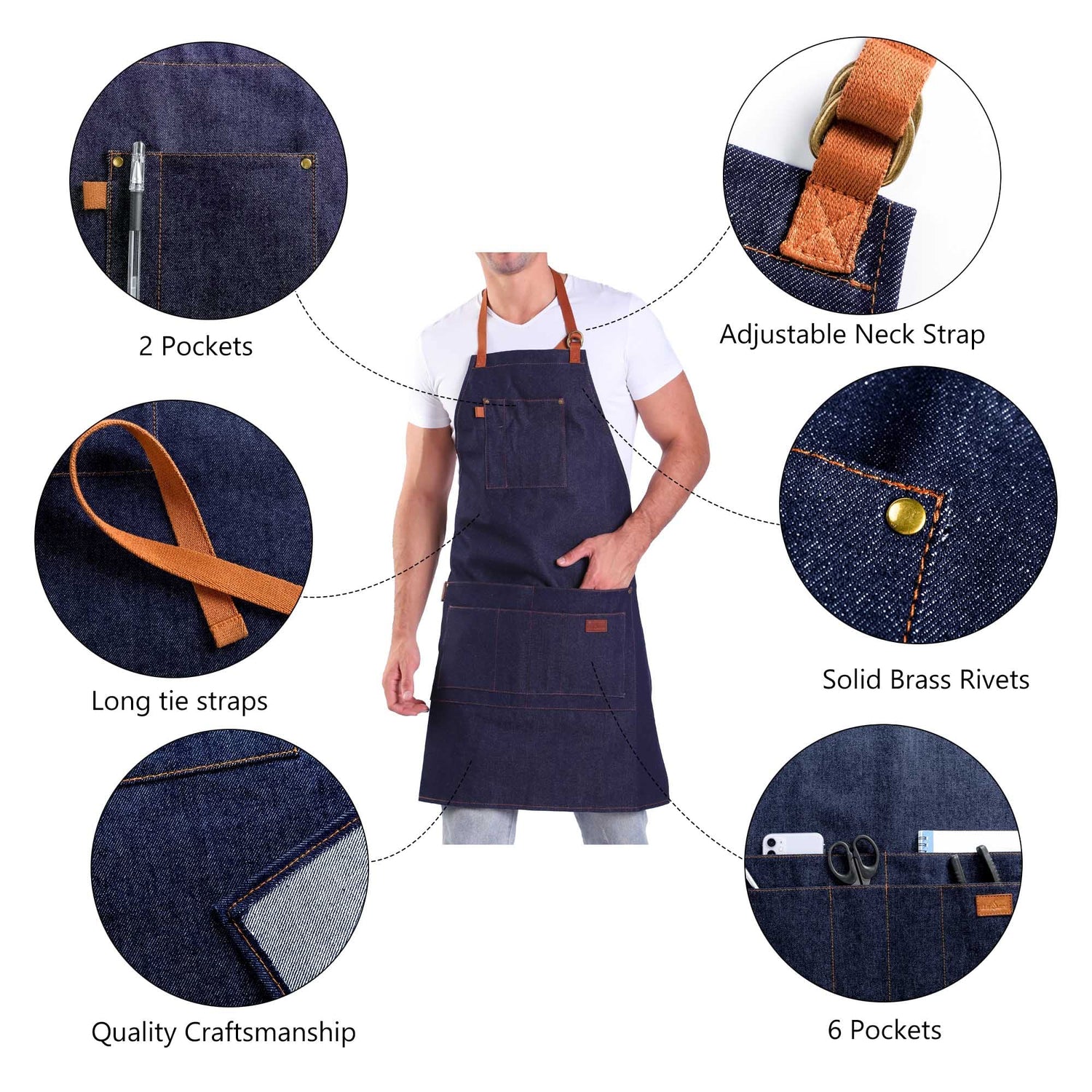 a u sure Denim Apron with Pockets Blue Tall Bib Apron Large with Long Ties Adjustable - Gifts for Men Women a u sure