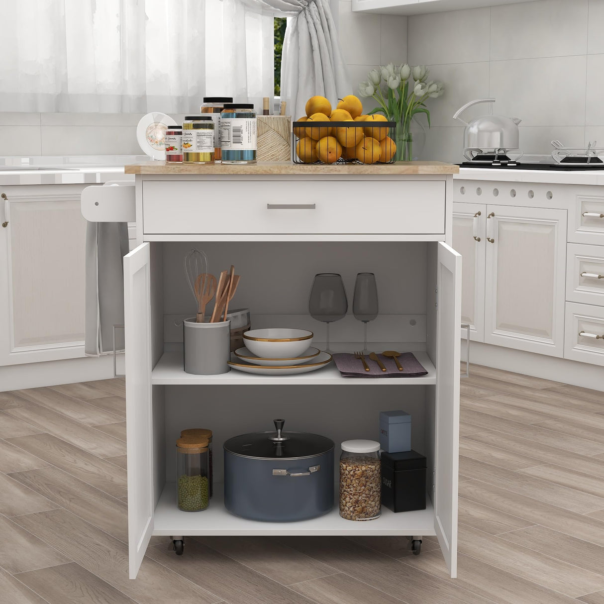 RASOO Kitchen Island on Wheels White Rolling Trolley Cart Island Cart Storage Cabinet with Rubber Solid Wood Countertop One Drawer and 2 Doors Towel RASOO