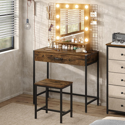 Furniouse Makeup Vanity Desk Set with LED Lights and Mirror, 33" W Makeup Table with Drawer & Charging Station, Dressing Table with Stool for