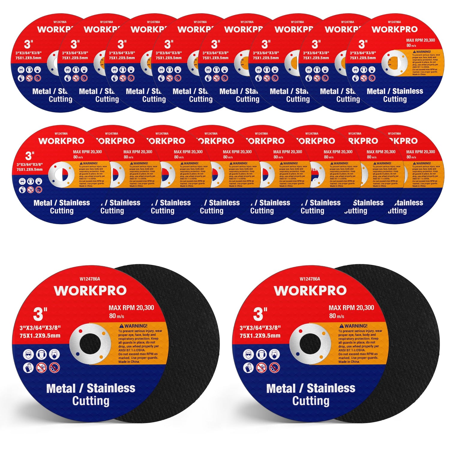 WORKPRO 20-Pack Cut-Off Wheels, 3 X 3/8-inch Metal&Stainless Steel Cutting Wheel, Thin Metal Cutting Disc for Angle Grinder WORKPRO