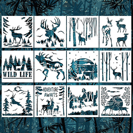 12 Pieces Deer Mountain Stencils for Painting on Wood DIY Animal Moon Tree Stencils Forest Painting Plastic Templates Forest Theme Stencils for Wall Zonon