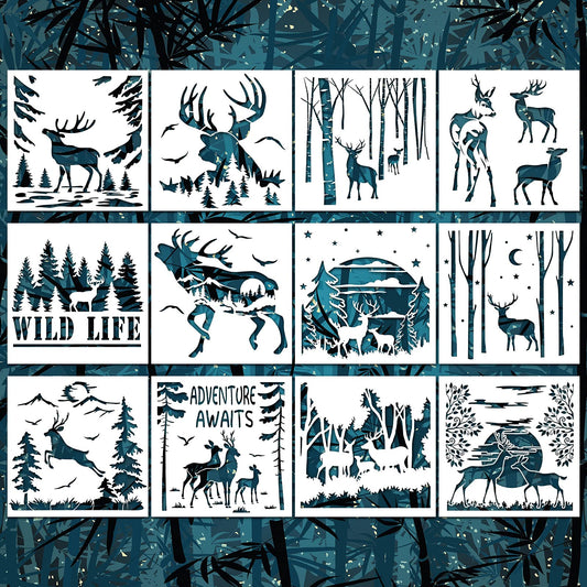 12 Pieces Deer Mountain Stencils for Painting on Wood DIY Animal Moon Tree Stencils Forest Painting Plastic Templates Forest Theme Stencils for Wall - WoodArtSupply