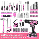Pink Drill Tool Kit Set: 20V Cordless Power Drill Tool Box with Battery Electric Drill Driver for Men Home Hand Repair Basic Toolbox Tools Sets DEKOPRO