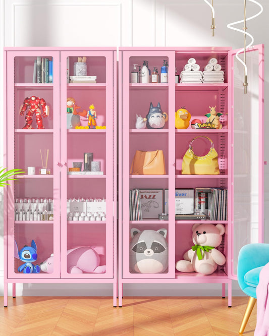 Elegant Pink Curio Bookcase with Tempered Glass Doors and Adjustable Shelves by Greenvelly - WoodArtSupply