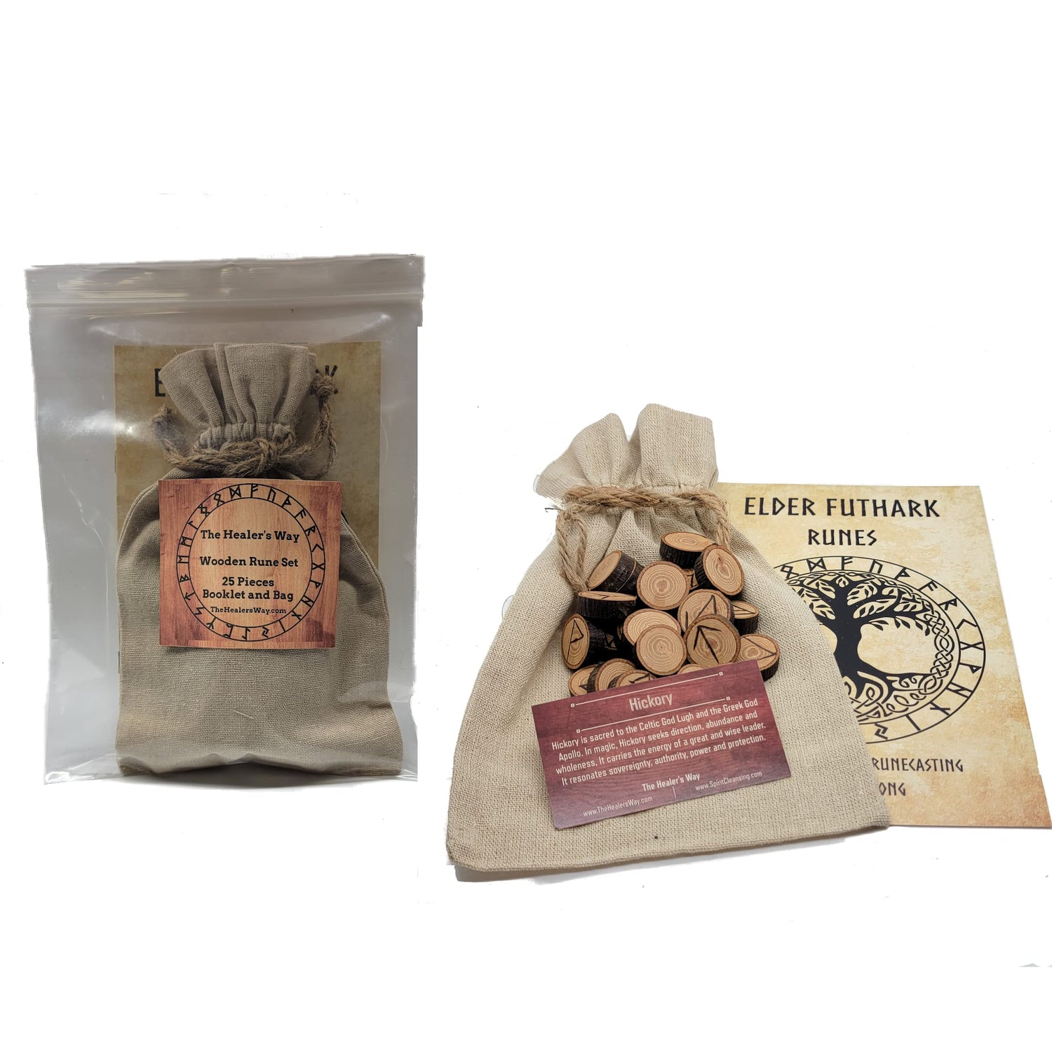 Wooden Runes Set Hickory Round with Booklet Carved Elder Furthark Alphabet Viking Runes for Divination and Healing… (Hickory Round) The Healer's Way