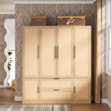 UEV Brown 6 Doors Rattan Armoire Wardrobe Closet,63" Large Armoire Storage Cabinet with 2 Drawers Side Shelves,Wooden Wardrobe Closet with 2 Hanging UEV