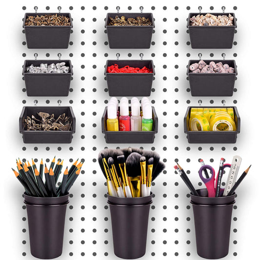 12 Pack Pegboard Bins PegBoard Cups with Hooks & Loops, Peg Hooks Assortment Organizer Accessory Set, Various Tools Storage Arrange System Kit for - WoodArtSupply