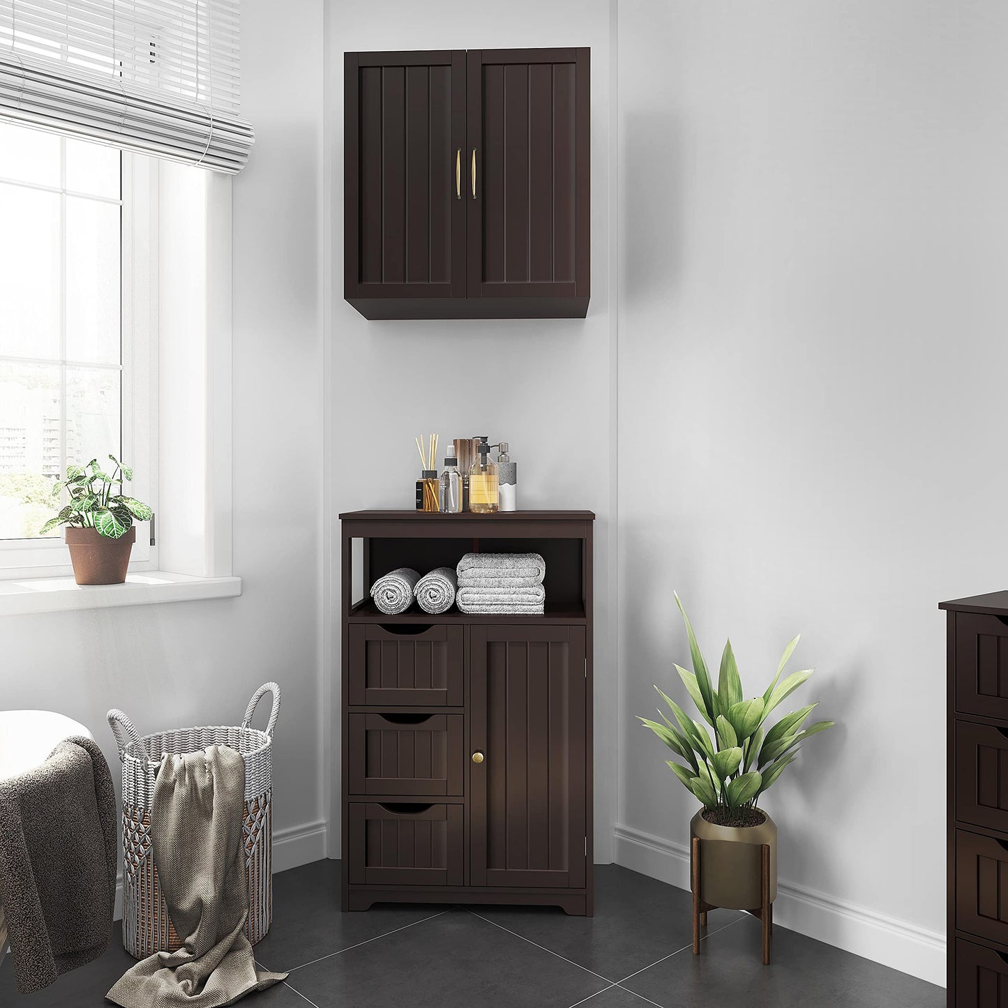 Yaheetech Wood Bathroom Floor Cabinet with 3 Drawers &1 Cupboard, Free Standing Storage Organizer Hallway Entryway Cabinet for Living Room Kitchen,