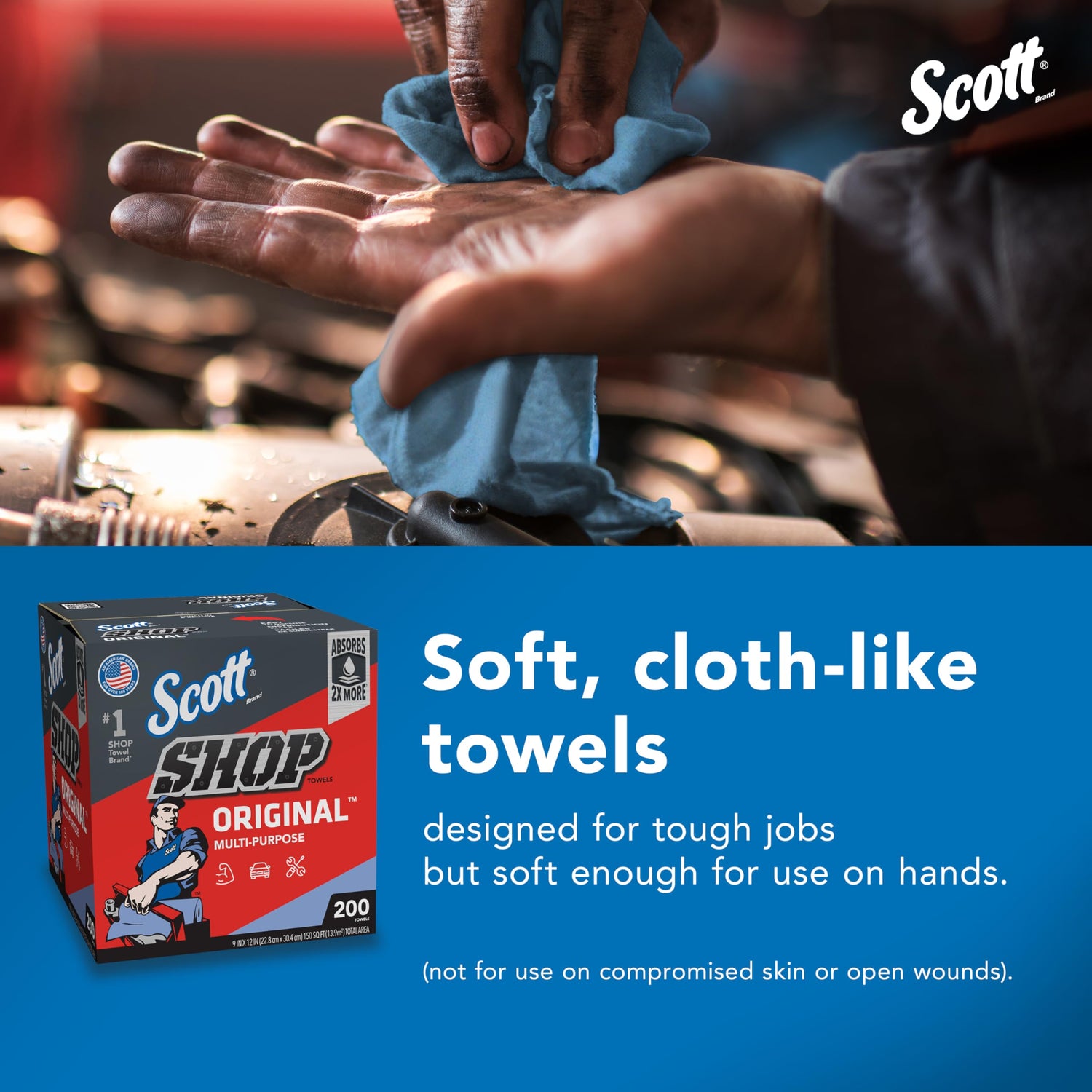 Scott® Shop Towels Original (75190), Blue, Pop-Up Dispenser Box (200 Towels/Box, 8 Boxes/Case, 1,600 Towels/Case) SCOTT SHOP ORIGINAL