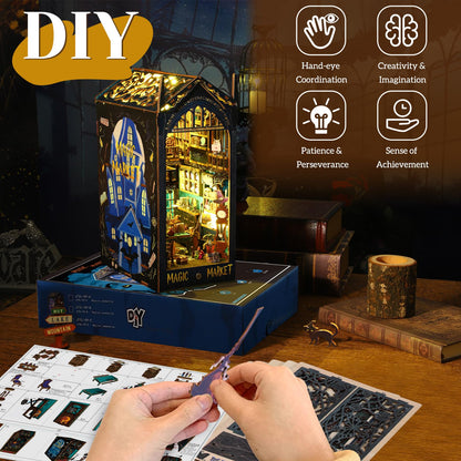 DIY Book Nook Kit, 3D Wooden Miniature Puzzles with LED Light Dollhouse Model Craft Kits for Adults Ideal Bookshelf Insert Decor Birthday Gifts for