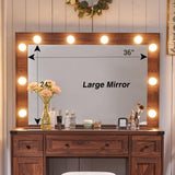 JXQTLINGMU Farmhouse Makeup Vanity Desk with Mirror and Lights, 43'' Glass Tabletop Vanity Table with 3 Drawers & Shelves, Rustic Large Vanity Set JXQTLINGMU