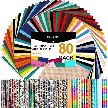 CAREGY HTV Heat Transfer Vinyl Bundle: 80 Pack 12" x 10" Iron on Vinyl for T-Shirt, 53 Assorted Colors for All Cutter Machine or Heat Press Machine CAREGY