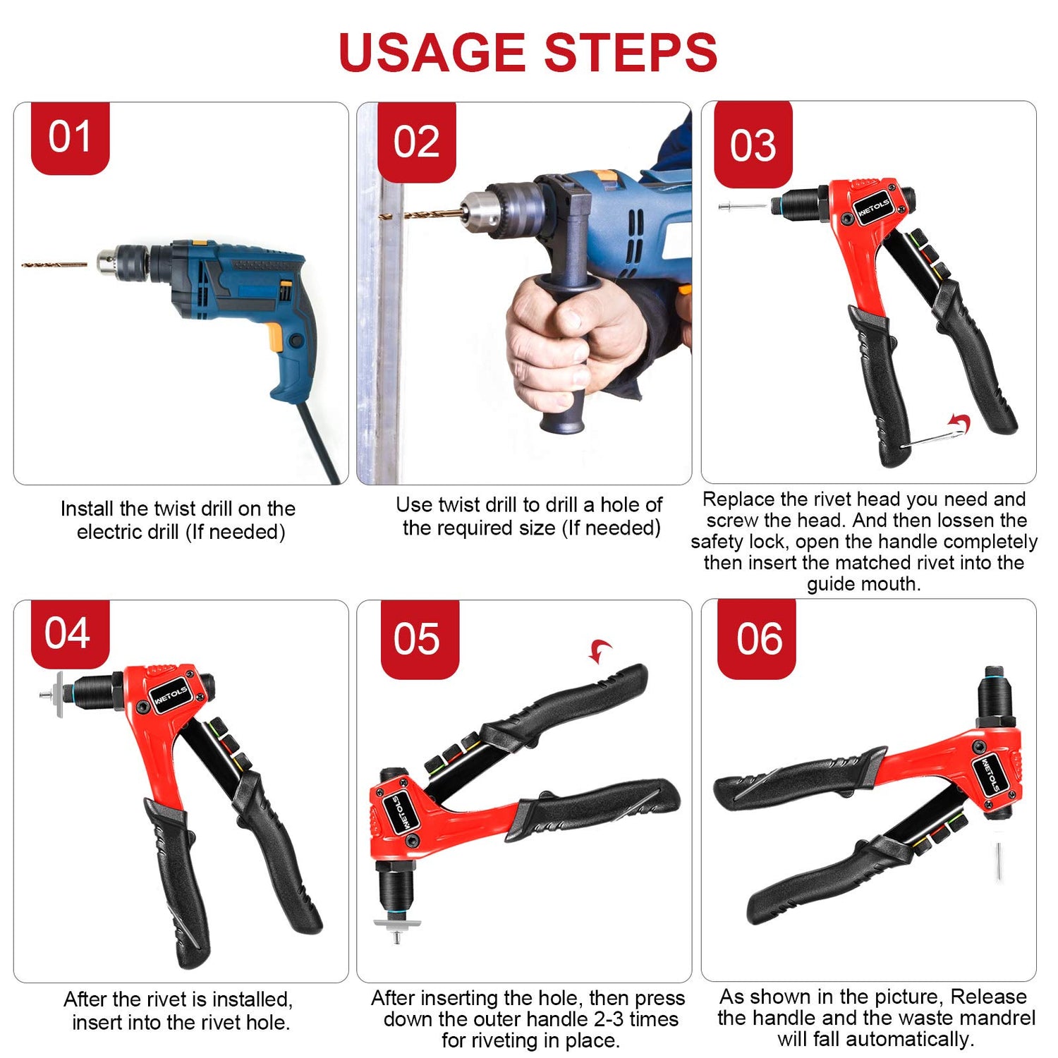 WETOLS Rivet Gun Kit with 120 Pcs Rivets, Manual Rivet Gun with 4 Interchangeable Rivet Heads and 4 Twist Drills, Pop Rivet Gun Kit with Blow Molded WETOLS