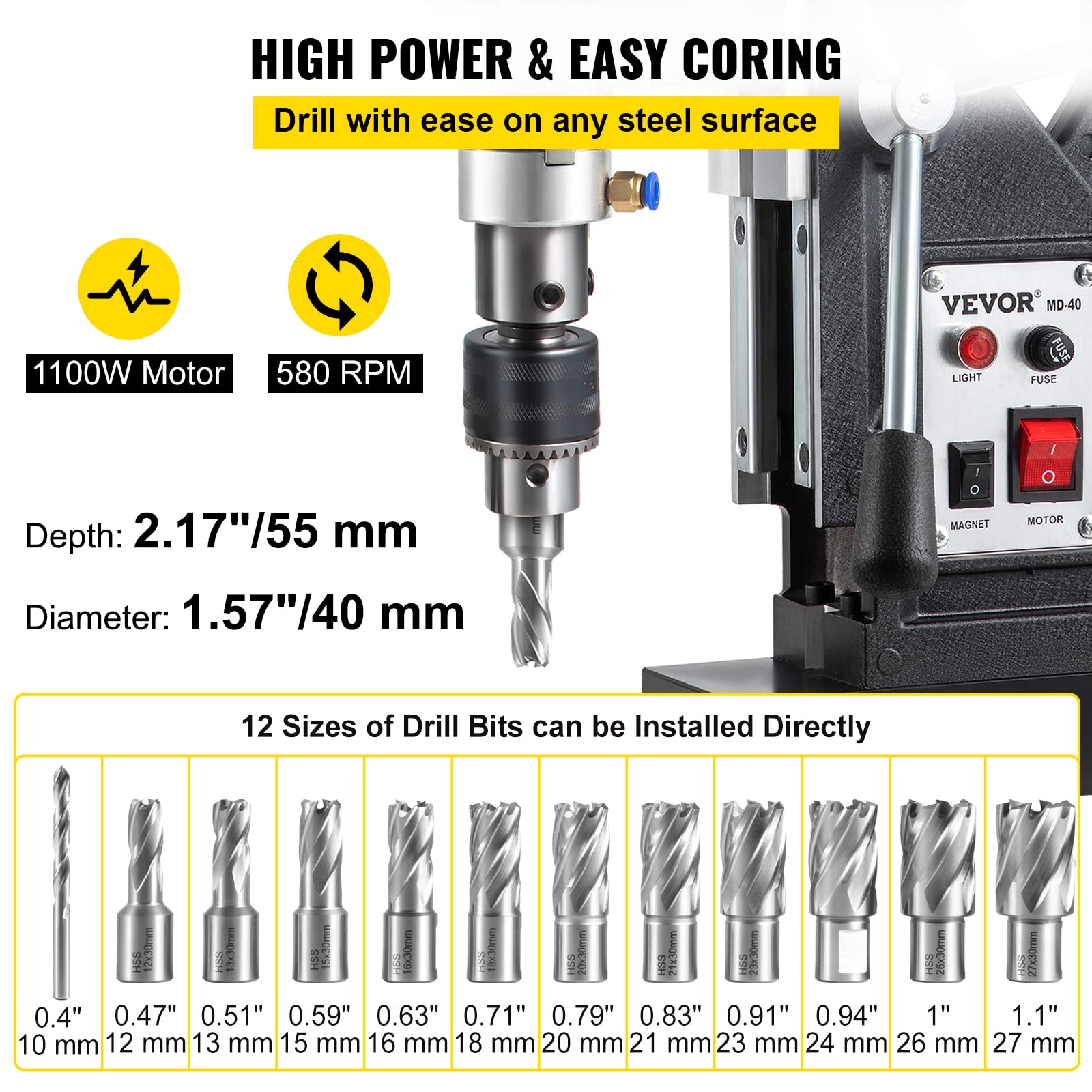 VEVOR Magnetic Drill, 1100W 1.57" Boring Diameter, 2697lbf/12000N Portable Electric Mag Drill Press with 12 Drilling Bits, 580 RPM Max Speed Drilling - WoodArtSupply