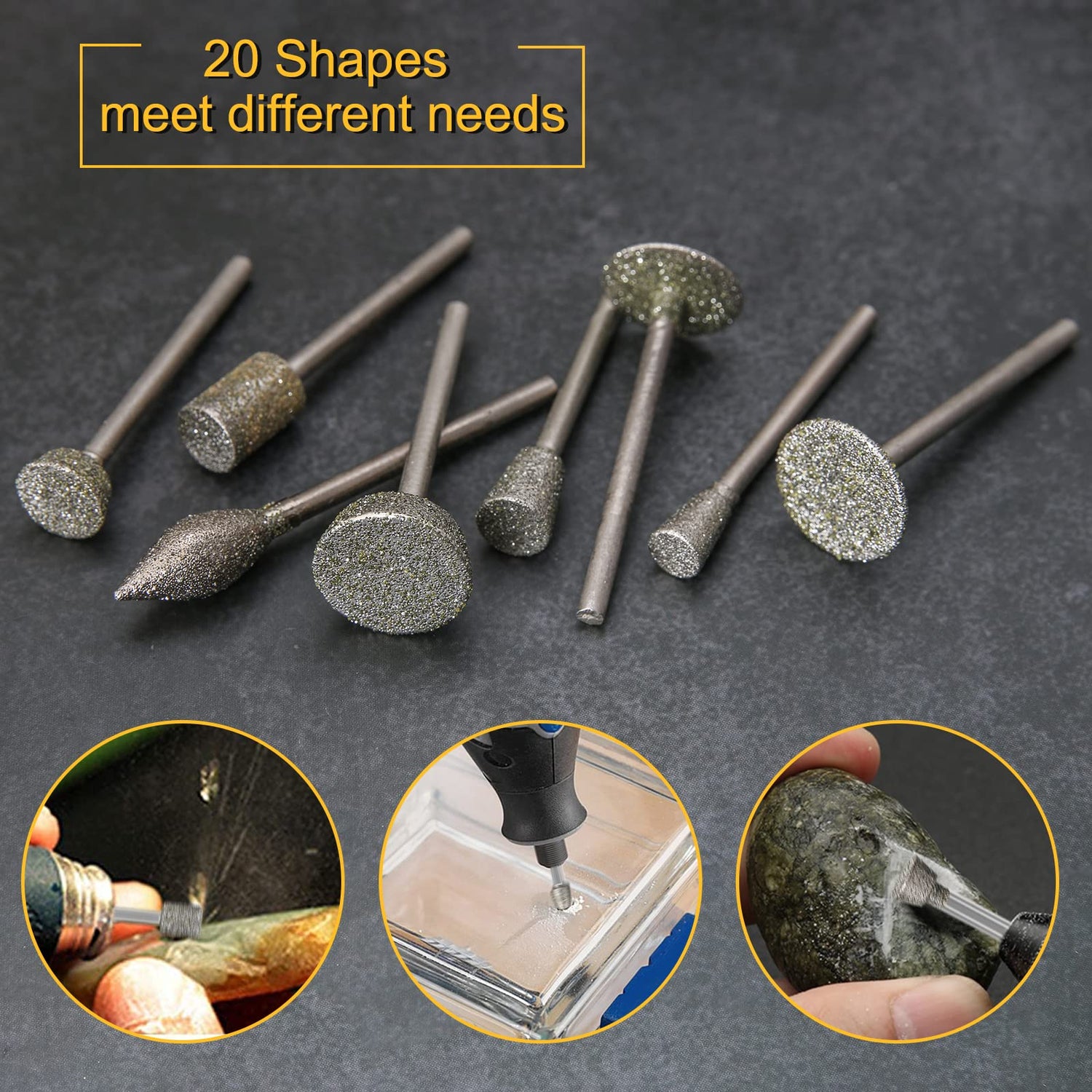Diamond Burr Set for Dremel, Rotary Tool Grinding Cutting Wheel Stone Glass Tile Jewelry Engraving Rock Etching Masonry 1/8” Die Grinder Carving HOMEIDOL