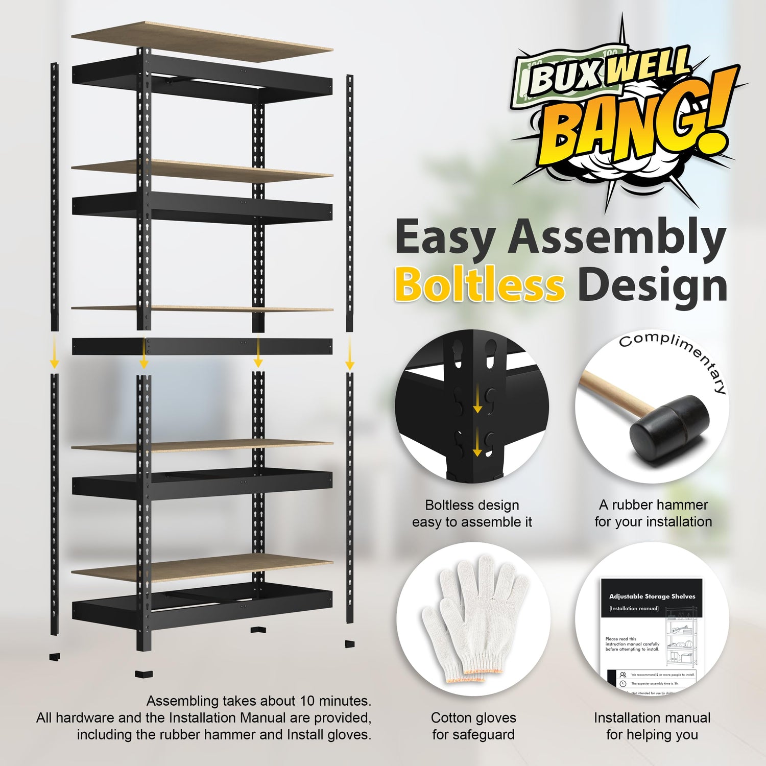 BuxWellBang 48" W x 24" D x 72" H Adjustable Garage Storage Shelves - 5-Shelf Heavy Duty Shelving Unit, Metal Utility Storage Organizer Racks for BuxWellBang