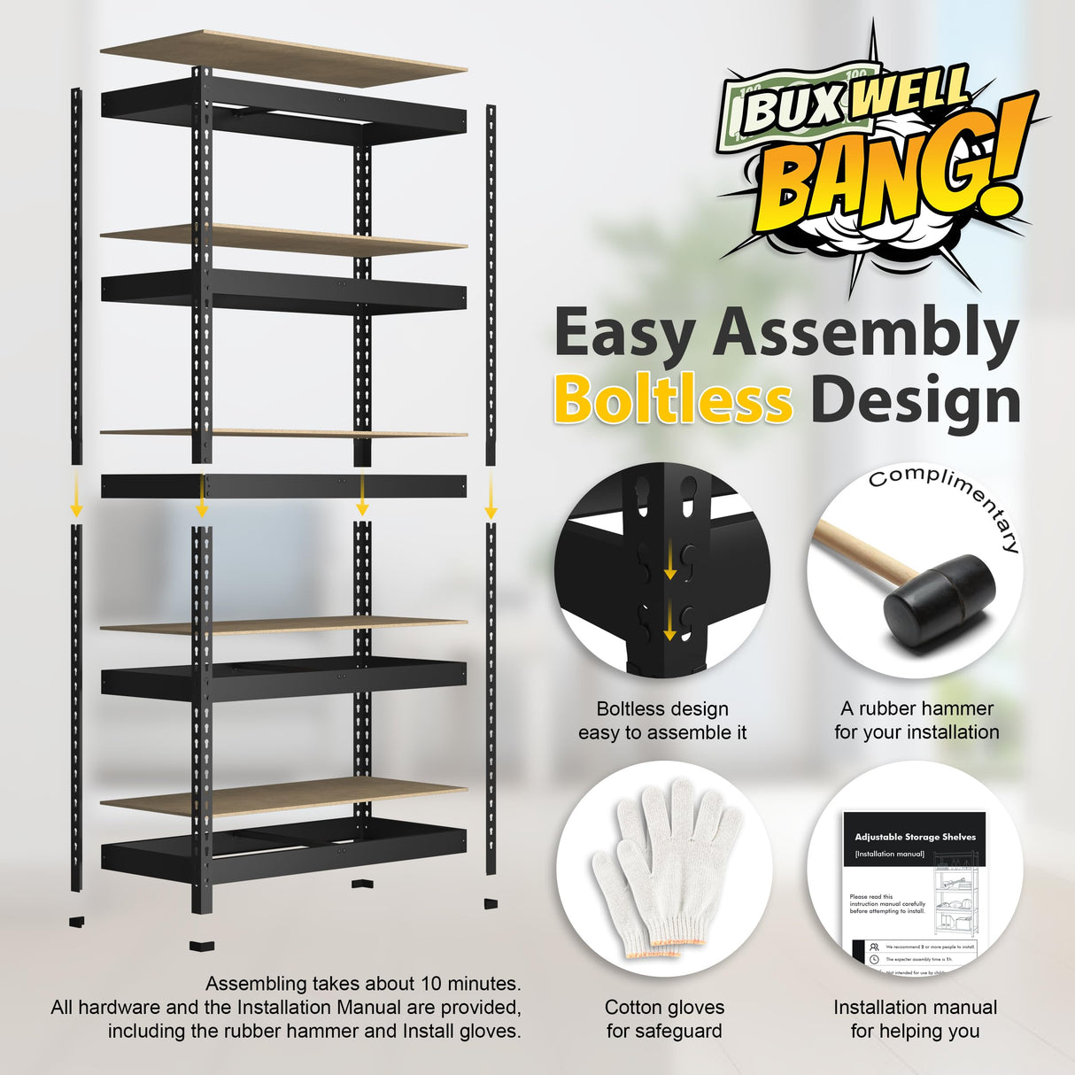 BuxWellBang 48" W x 24" D x 72" H Adjustable Garage Storage Shelves - 5-Shelf Heavy Duty Shelving Unit, Metal Utility Storage Organizer Racks for BuxWellBang