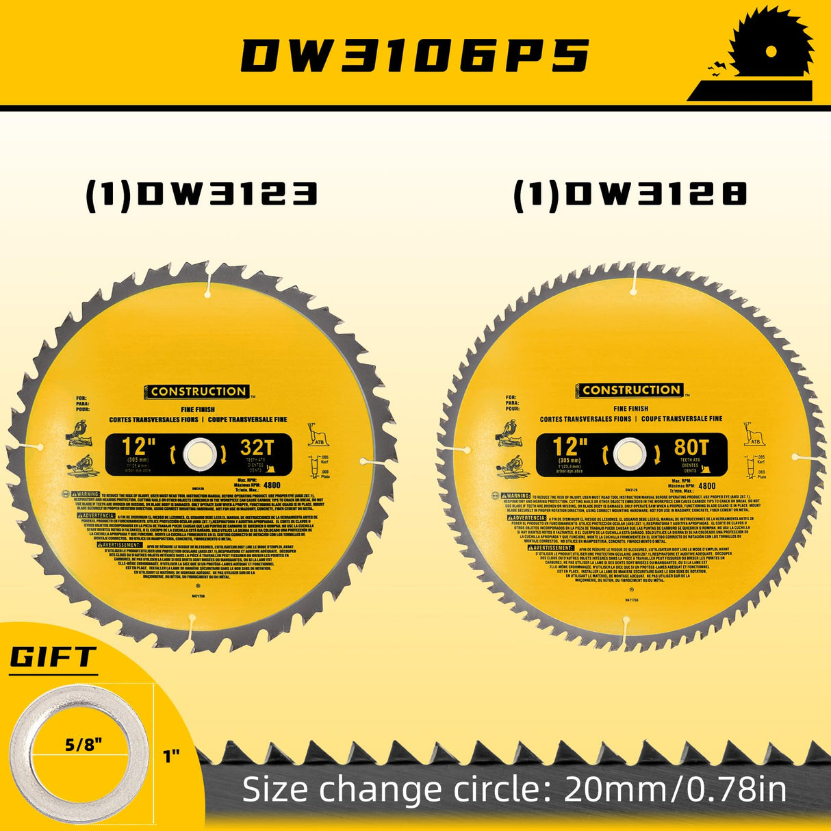 Upgraded DW3128P5 (2-Pack) 12in 80T&32T(dw3128/dw3123) Miter Saw Blade,Tungsten Carbide,Crosscutting,Compatible with DEWALT, for Miter Saws OEM home