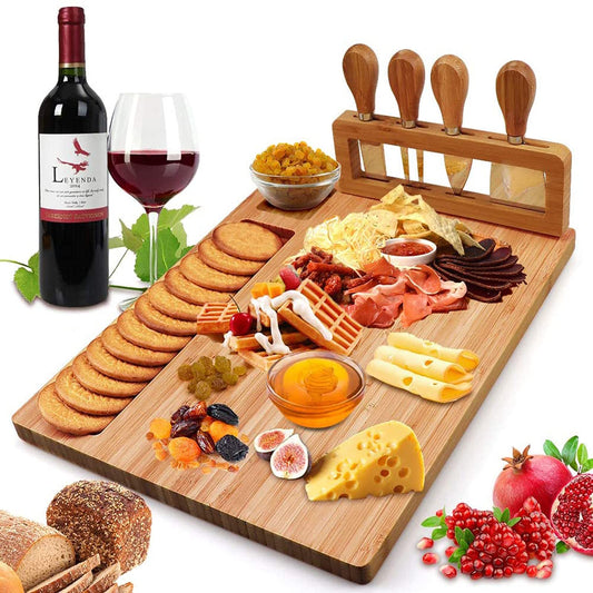 Bamboo Cheese Board Set, Cheese Tray, Charcuterie Board and Serving Meat Platter with 4 Stainless Steel Cheese Knives, Ideal for Wedding Gifts - WoodArtSupply