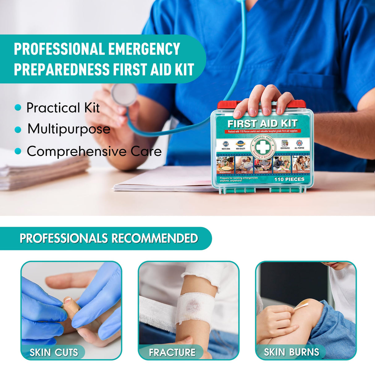 General Medi 110 Pieces Small First Aid Kit - HardCase First Aid Box - Contains Premium Medical Supplies for Travel, Home, Office, Vehicle, Camping, General Medi