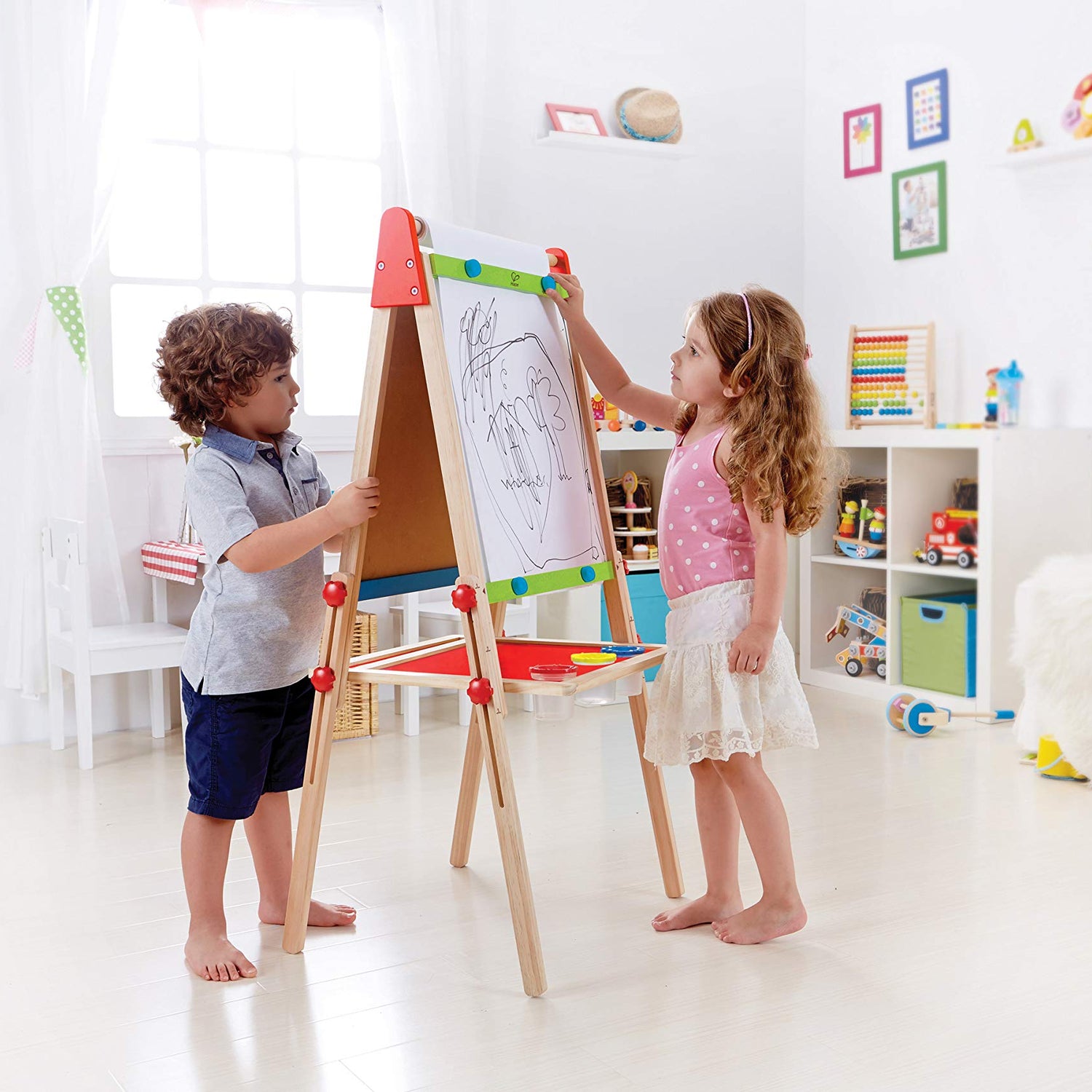 Award Winning Hape All-in-One Wooden Kid's Art Easel with Paper Roll and Accessories Cream, L: 18.9, W: 15.9, H: 41.8 inch Hape