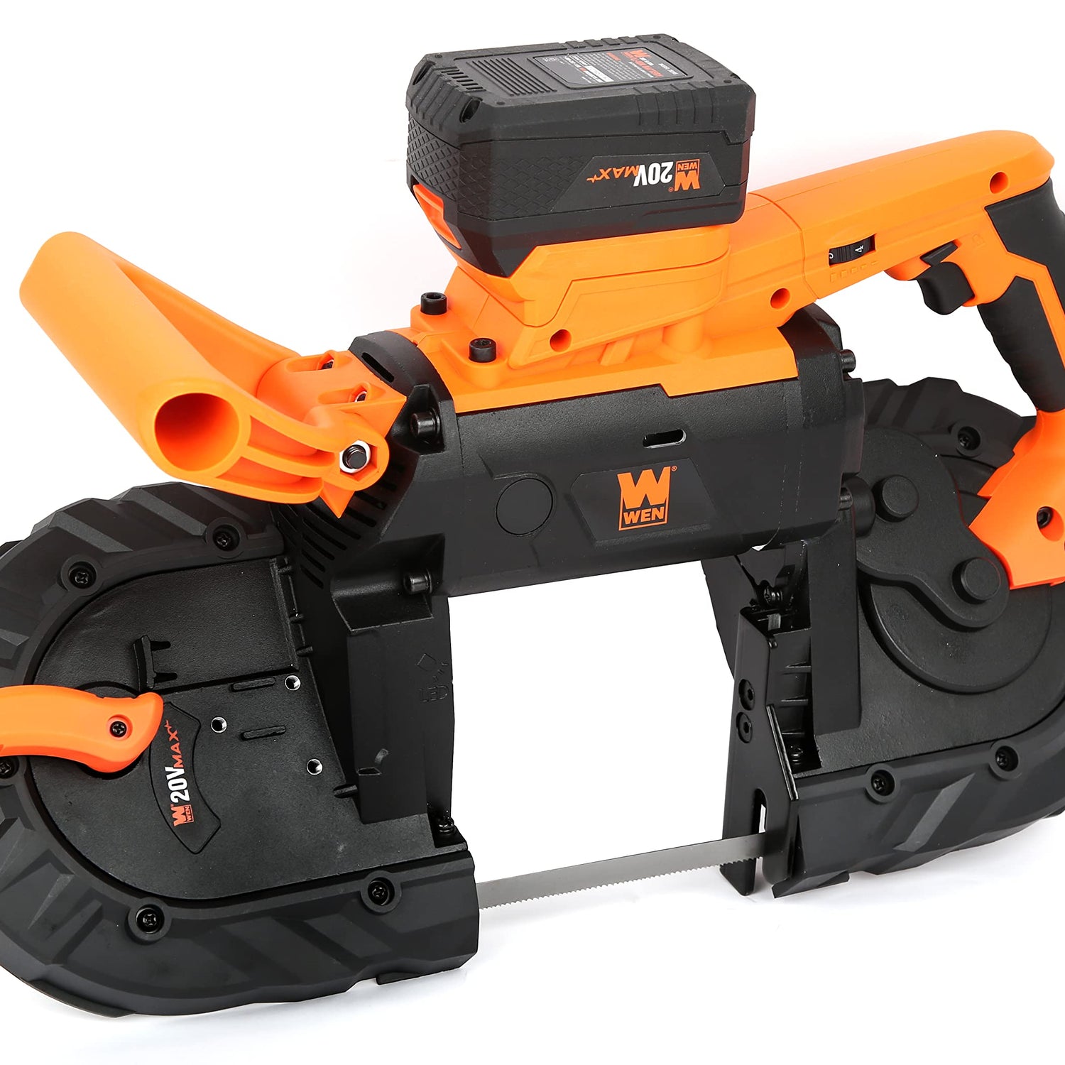 WEN Cordless Portable Bandsaw for Metal with Variable Speed, 20V Max 5.0 Ah Lithium-Ion Battery, and Charger (20496), Black WEN