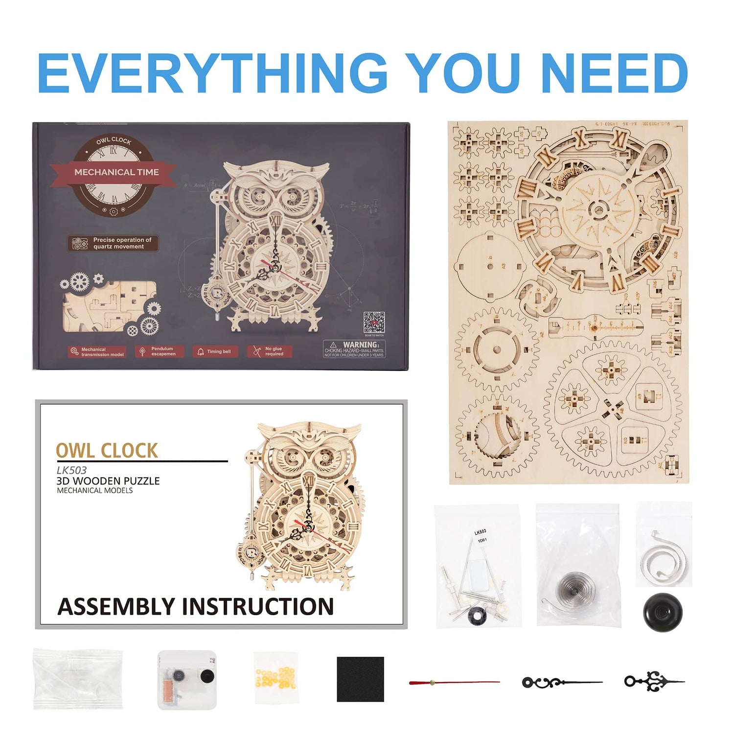 RoWood 3D Puzzles for Adults, Wooden Model Kits for Adults to Build, Birthday Gift for Adults & Teens (161 PCS)- Owl Clock RoWood